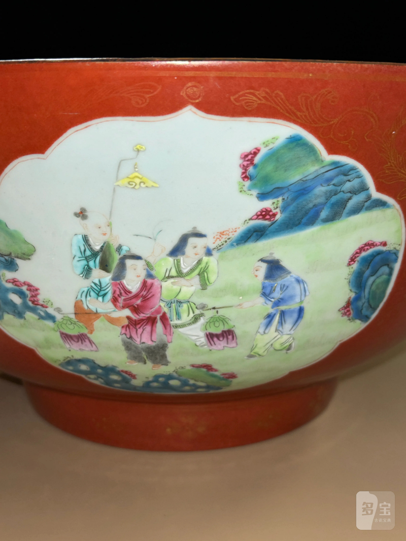清乾隆 珊瑚描金开光婴戏图大碗 - 图9